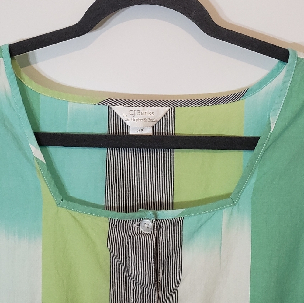 CJ Banks Cotton 100% Button Down Short Sleeve Top Size 3X Green White Li… - Picture 2 of 13